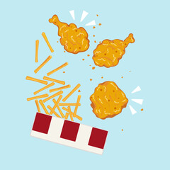 Fun vector of fried chicken and French fries spilling out of a box with red stripes. Perfect for fast food, snacks, or food-related design projects. Perfect for menu design, poster.
