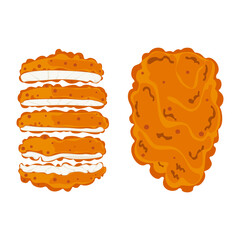 Flat vector illustration set. Crispy, golden fried chicken, sliced ​​into delicious pieces. Cooking from top view. Delicious food, Fast food, Isolated on background. Recipe, Menu, Restaurant.