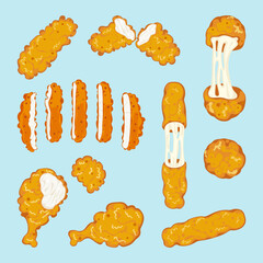 Crispy fried chicken legs, tenders, nuggets, cheese balls and cheese sticks, topped with melted cheese. Food elements, isolated on white. Delicious fast food vector illustration on a blue background.