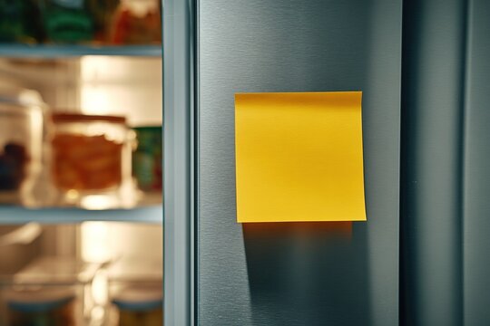 Sticky note reminder on a refrigerator door in a modern kitchen with organized storage compartments