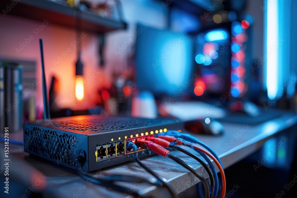 Poster network router with colored cables and illuminated workspace in modern tech environment