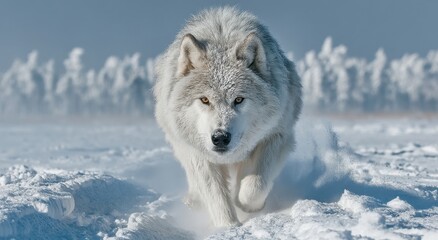 Fototapeta premium Majestic Arctic Wolf Running Through Snowy Landscape, Symbolizing Wilderness Conservation and Wildlife Protection Efforts, Promoting Ecotourism and Adventure Travel : Generative AI
