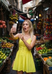 Blogger excitedly filming reels for social media at a local market, surrounded by fresh produce