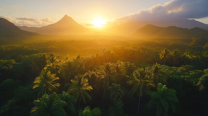 Aerial view of tropical forest with palm trees and mountains at bright golden sunset light