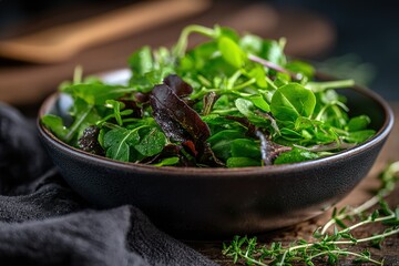 Fresh mixed greens in a bowl with herbs and wooden utensils on a kitchen countertop