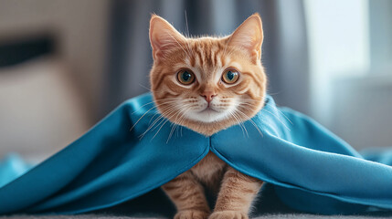 A cute ginger cat wearing a blue cape and looking at the camera with big green eyes in a bright setting
