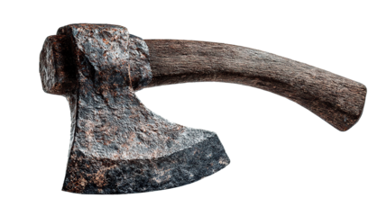 Detailed view of a weathered, rusty axe with a wooden handle on a dark background.