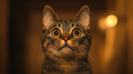 Close up portrait of a tabby cat with wide eyes and long whiskers looking directly at the viewer