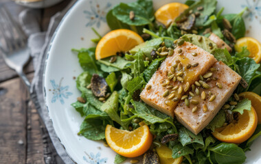 Fresh and vibrant salad with fish, health focused ingredients, and citrus dishes for nutritious