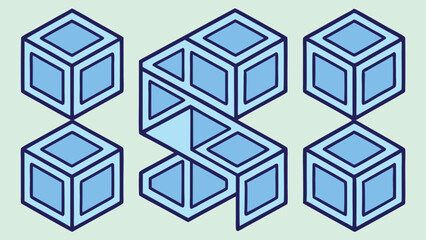 Abstract geometric arrangement of cubes in blue with a s shape design