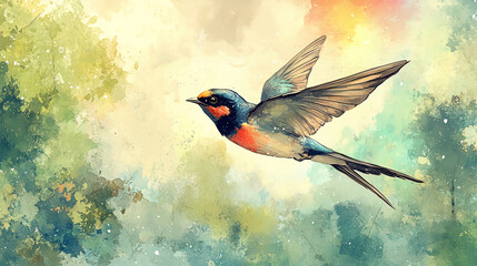 Watercolor painting of a swallow in flight against a backdrop of soft colors and blurred shapes
