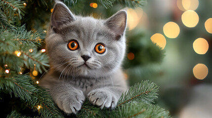 Gray kitten with orange eyes nestled among christmas tree branches with bokeh lights background