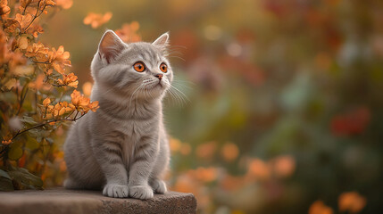 A cute gray kitten sitting near orange flowers looking up in a blurred outdoor background setting scene