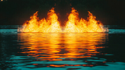 Symmetrical flame reflection on water surface with dark background creating a dramatic effect look 100