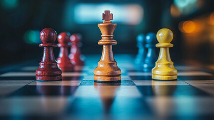 A chess board with red pawns, blue pawns, and a king piece in focus on a reflective surface