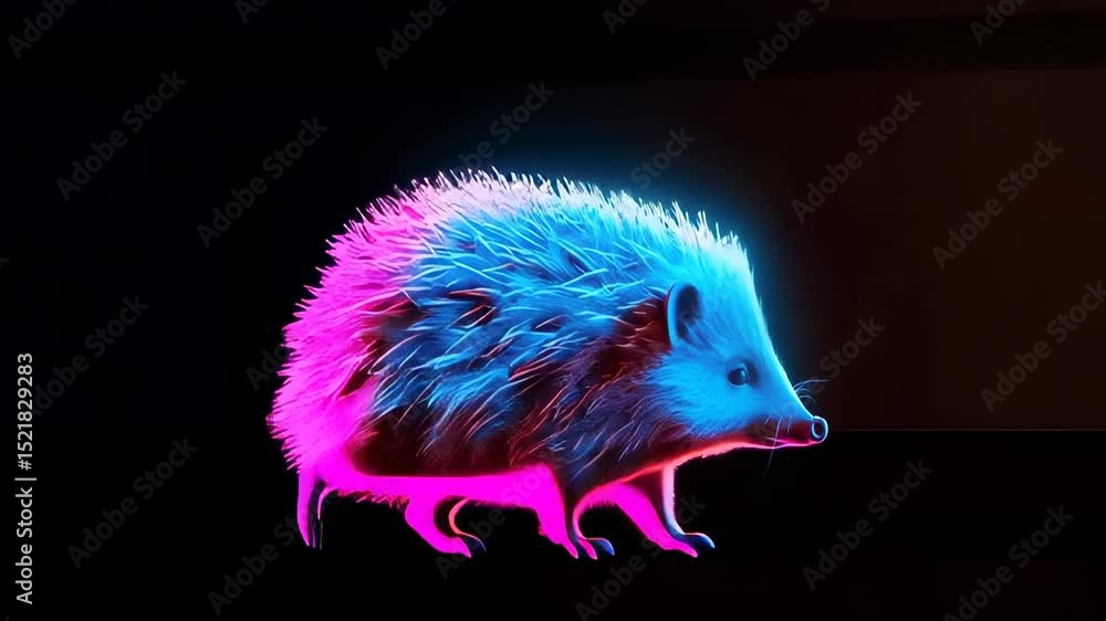Poster futuristic rotating hedgehog with neon glow and dynamic movement