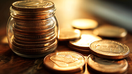 A close up of a jar filled with gold coins and some loose coins on a wooden surface in soft lighting