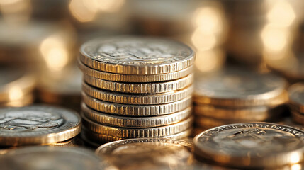 A close up shot of a stack of coins with blurred background showing other coins scattered around it