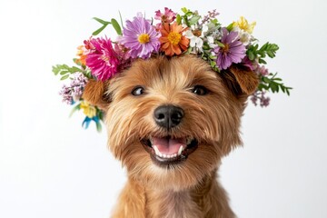 Professional studio snapshot. Cute baby dog australian cattle dog wearing untamed flower crown on its head - symbol of sunny days. Isolated dark red background, copy space, commercial visu.