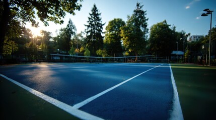 Blue Tennis Court in Park Under Bright Sky, Representing Recreation and Summer Activity for Sports and Fitness Enthusiasts : Generative AI