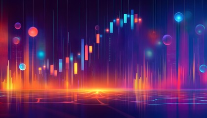 Vibrant digital cityscape with financial data visualizations.