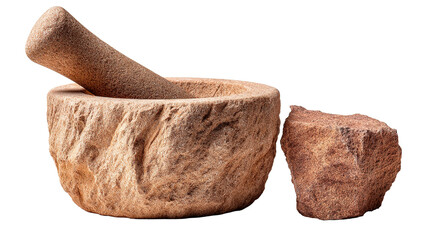 A detailed shot of a stone mortar and pestle, used for grinding spices.