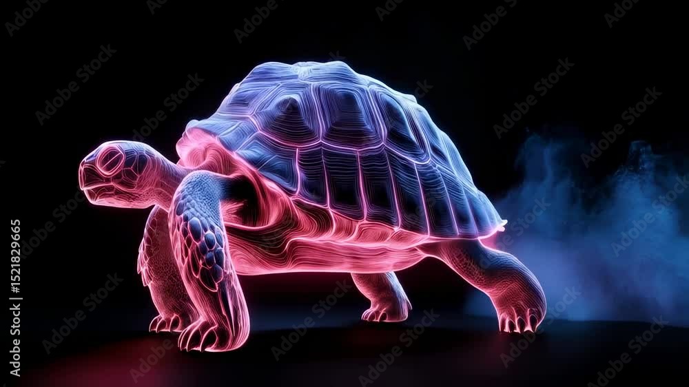 Poster futuristic neon tortoise in motion with dynamic lighting and smooth rotation
