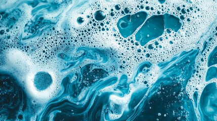 A close up view of blue liquid with white foam and bubbles creating an abstract pattern design