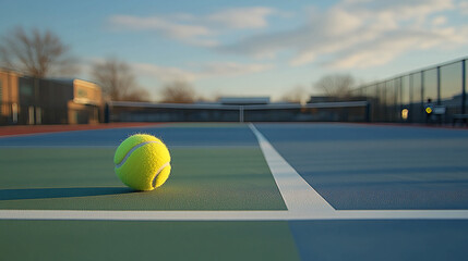 A single tennis ball sits on a blue and green outdoor court under a blue sky with some clouds