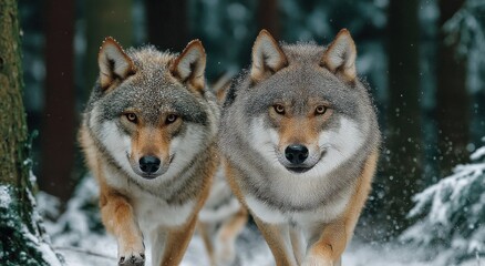 Fototapeta premium Two Wolves Walking Through Snowy Forest, Representing Wildlife Conservation and Animal Protection in Winter : Generative AI