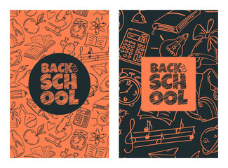 Back to school, a set of posters with doodle drawings on education. Background with seamless pattern.