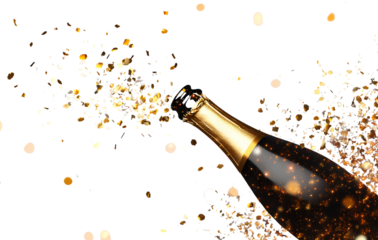  A champagne bottle with golden confetti flying out of it, in a PNG sticker style with a transparent background