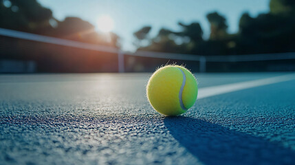 A tennis ball sitting on a blue court with a net and trees in the background on a sunny day scene