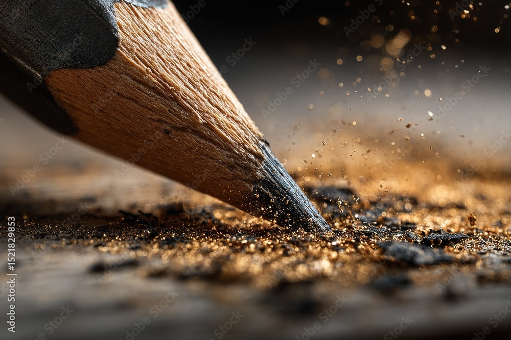 Poster close-up view of a sharpened pencil creating fine shavings on a wooden surface during daylight