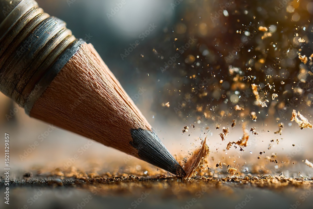 Poster close-up of sharpened pencil creating wood shavings on a desk in a warm, illuminated workspace