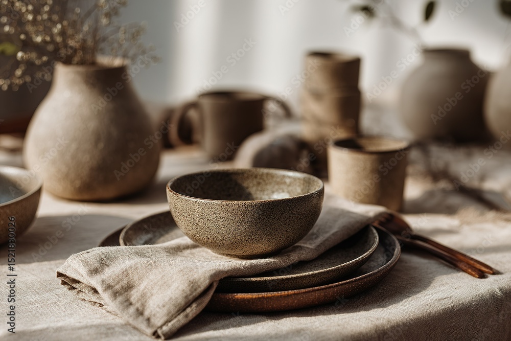 Aufkleber natural table setting with rustic pottery and linen cloth for an inviting dining experience