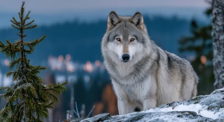 Fototapeta premium Gray Wolf Standing on Snowy Rock in Winter Forest, Representing Wildlife Conservation and Wilderness Exploration : Generative AI