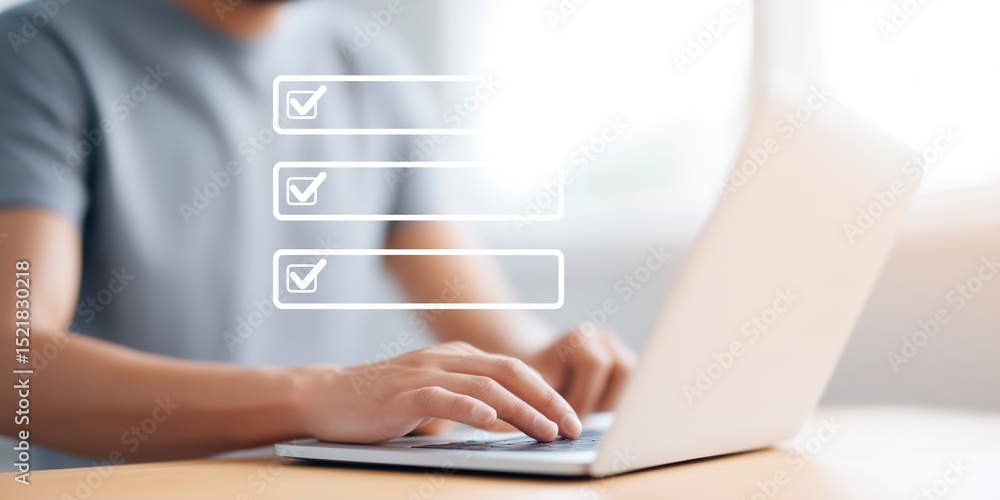 Poster individual typing on a laptop with checkboxes displayed on the screen, engaged in task completion, s
