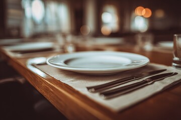Elegant table setting with empty plate and cutlery in a cozy dining environment during evening hours