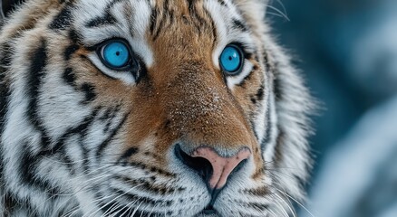 Close-Up of a Siberian Tiger With Striking Blue Eyes, Symbolizing Wildlife Conservation and Environmental Awareness in Nature Photography : Generative AI