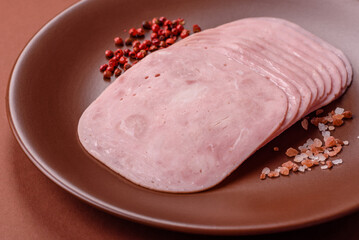 Sliced ham, meat or pork sausage for sandwiches. Cooked smoked prosciutto, ham