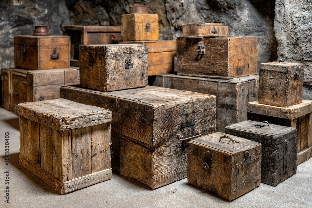 Aufkleber wooden boxes stacked in a rustic setting with natural stone background and warm lighting capturing a
