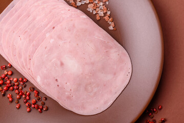 Sliced ham, meat or pork sausage for sandwiches. Cooked smoked prosciutto, ham