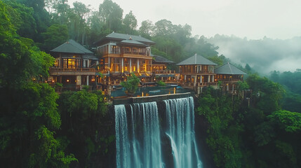 Aerial view of a luxurious resort nestled amidst lush greenery with a cascading waterfall below it