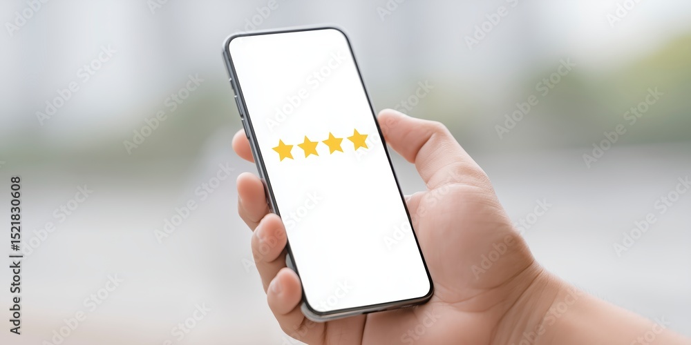 Poster smartphone mock up held in hand displaying five stars rating, showcasing user satisfaction and feedb