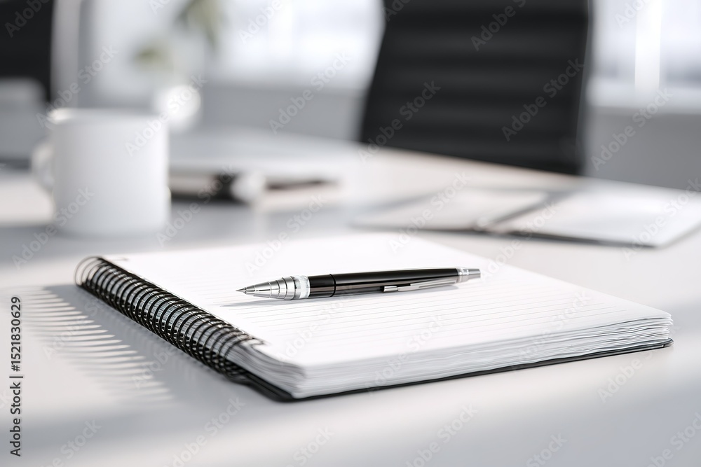 Poster empty notebook with pen on a desk in a modern office setting during daylight hours