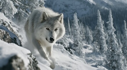Fototapeta premium Arctic Wolf Trotting Through Snowy Mountain Pass, Representing Wildlife Conservation and Winter Adventure Travel : Generative AI