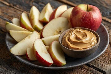 Sliced apples served with creamy peanut butter on a rustic wooden table for a healthy snack