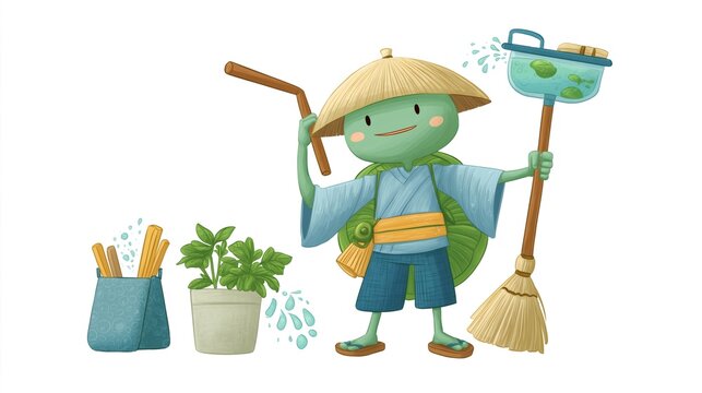 A lively kappa character wearing a straw hat engages in gardening activities, holding a broom and a bucket with water, surrounded by plants and gardening tools