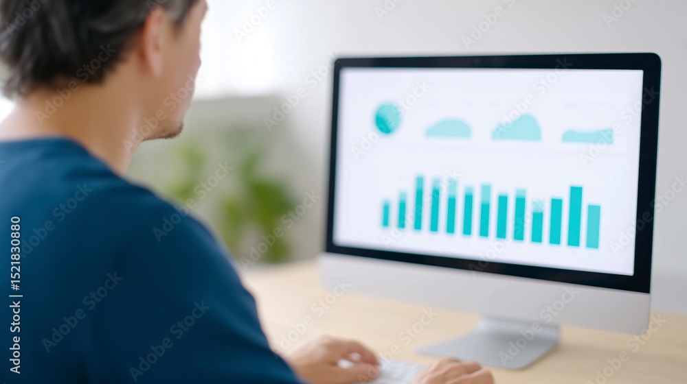 Poster man analyzing data on a computer screen, with graphs and charts displayed, in a modern workspace, sh